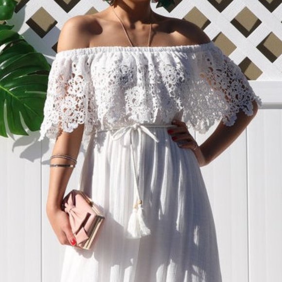 White Off Shoulder Crochet Lace Boho Maxi Dress - Picture 4 of 6